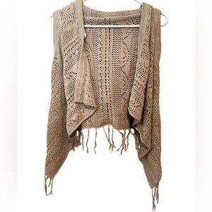 Takara Girls Crochet Fringe Hooded Vest Boho Open Knit Sweater Size S